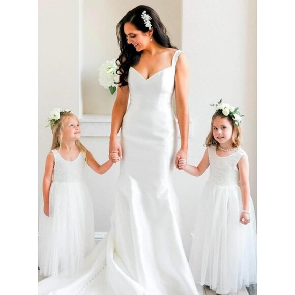 🆕Toddler Girls White Lace Cotton Tulle V Back Sleeveless Maxi Flower Girl Dress - Picture 5 of 8